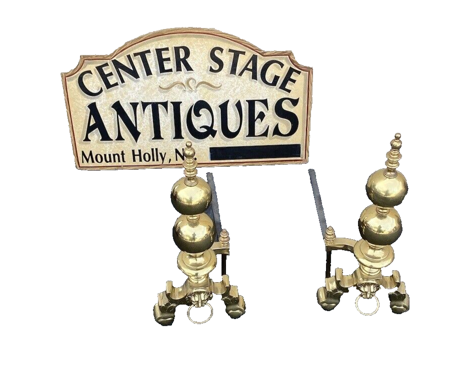 64828 Pair Heavy Polished Brass Fireplace Lion Face Fireplace Mantel Andirons