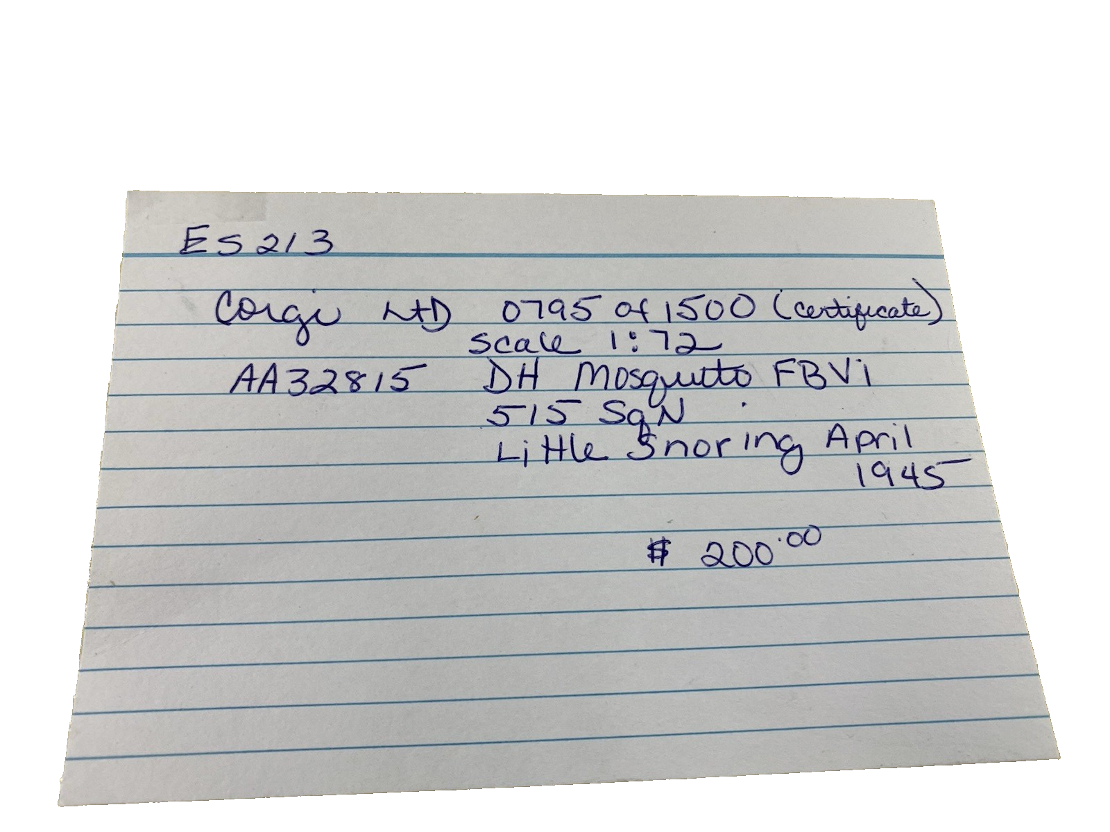 ES 213:   Diecast  Corgi AA32815 DH Mosquito FBVI 1945 Limited edition 795 /1500