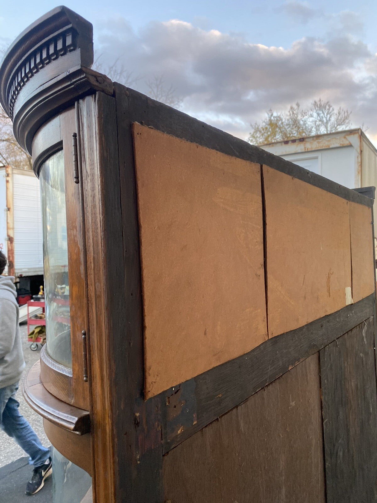 66071   Antique Victorian Hand Carved Oak Bow Glass Curio Cabinet