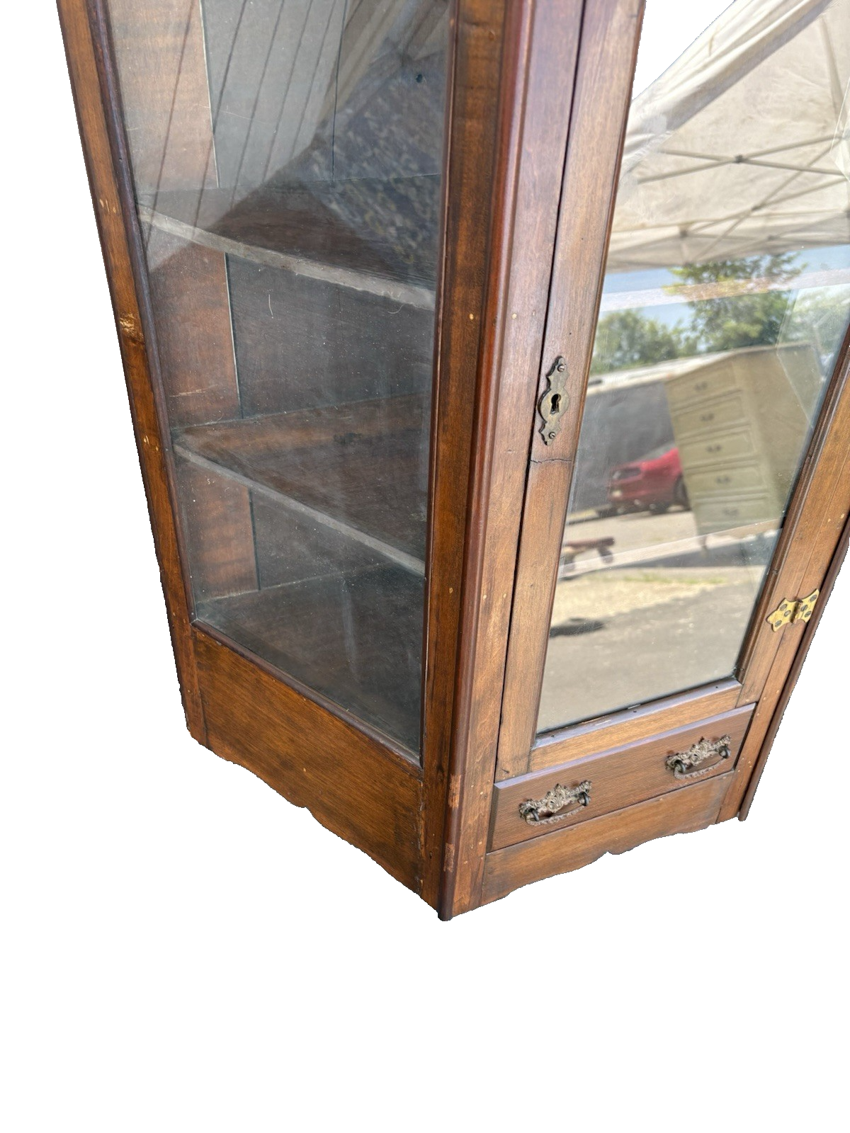 66800   Antique Victorian Walnut Whatnot Wall Curio Shelf with Drawer