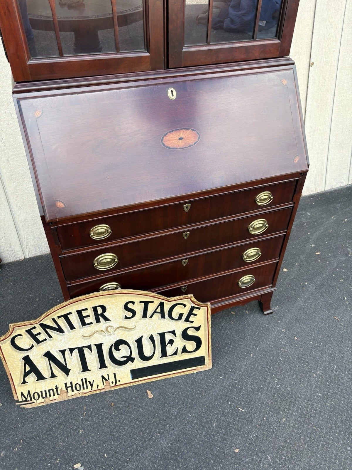 66641   Inlaid Mahogany Jasper Furniture Secretary Desk w/ Bookcase Top