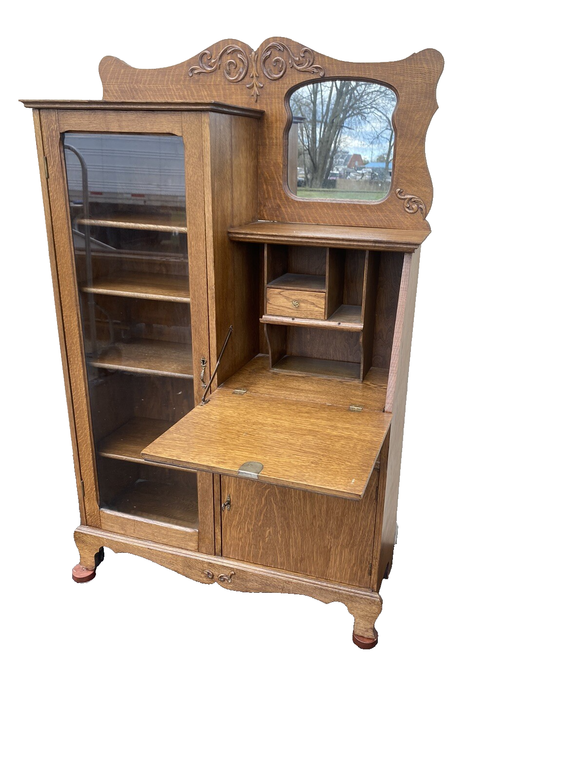 65325 Antique Oak Side By Side Bookcase Desk