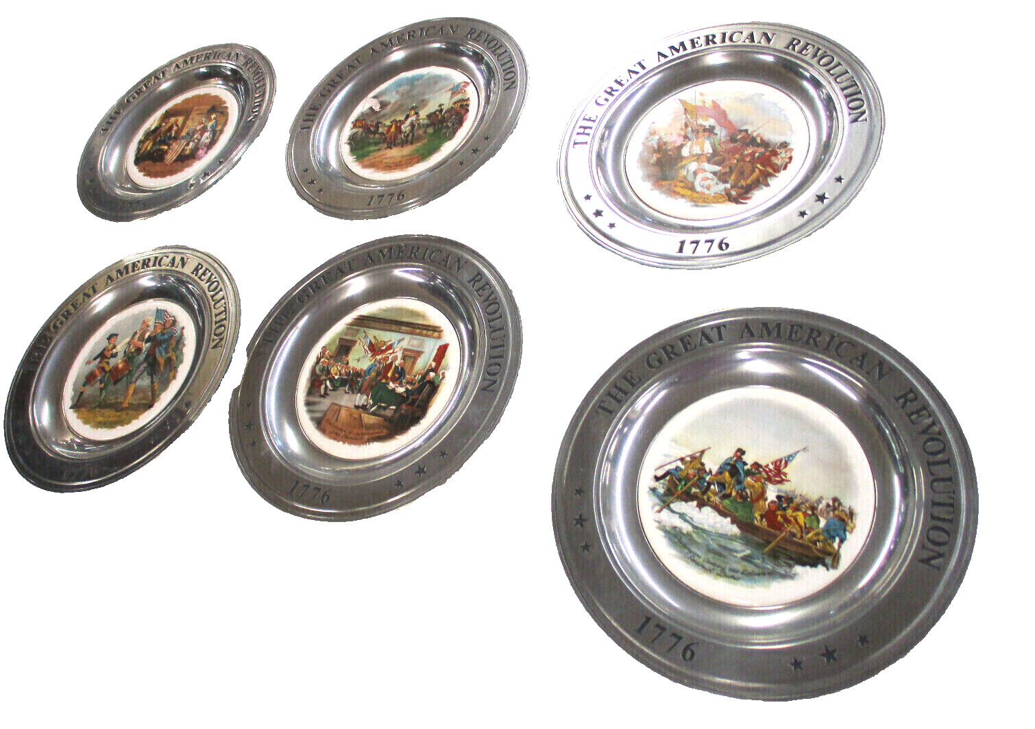 ES90 Collection of 6  Porcelain GREAT AMERICAN Revolution Plates in Pewter Frame