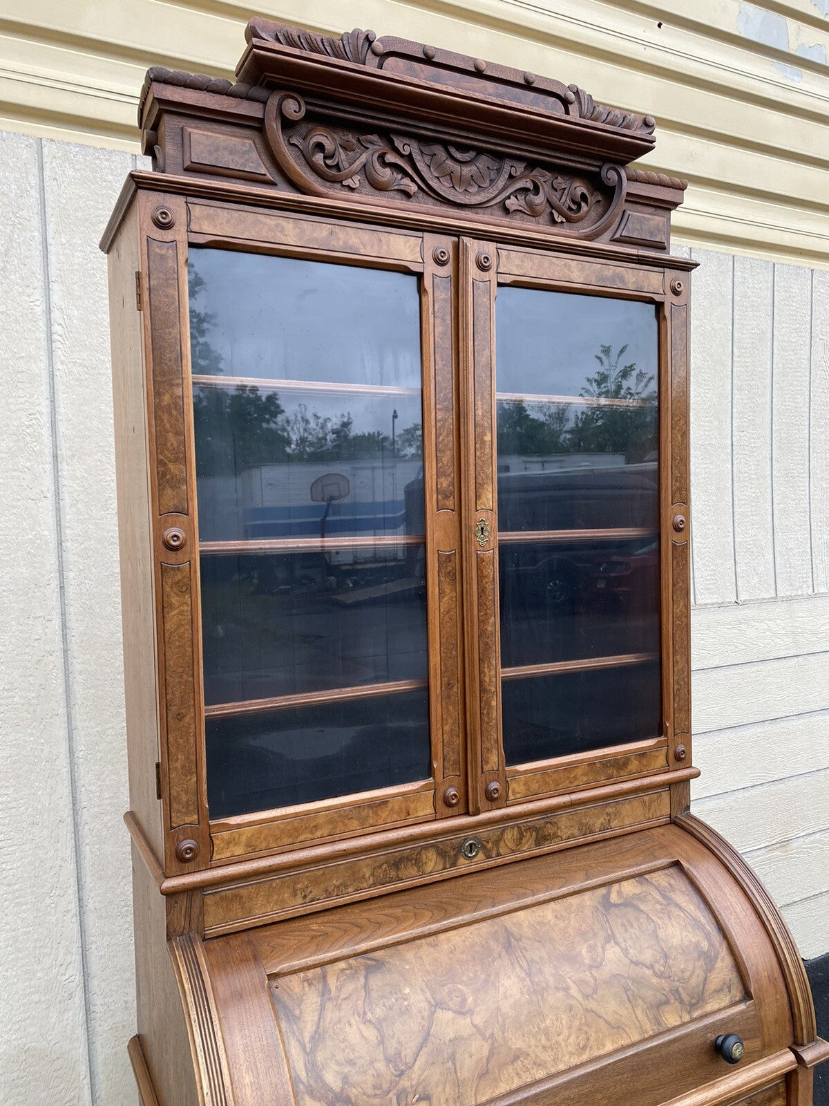 65390 Antique Victorian Burled Walnut Cylinder Desk w/ Bookcase Top and keys