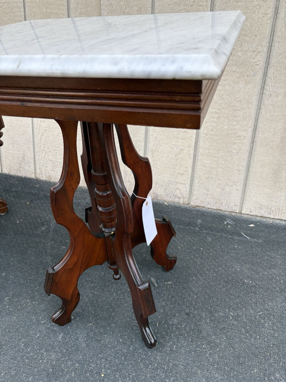 66777 Antique Victorian Walnut Marble Top Lamp Table Stand