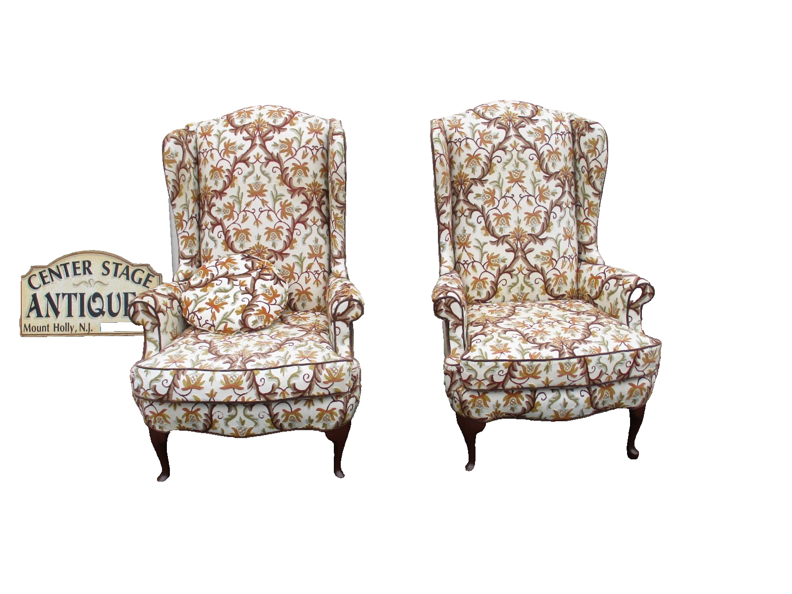 64184   Pair HICKORY  Furniture Crewel Embroidered Queen Anne Wing Chair s