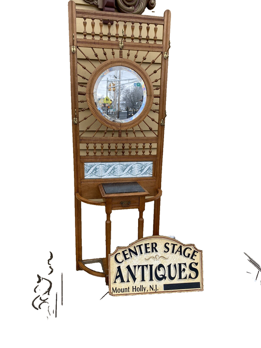 64527 Antique Victorian Oak Stick and Ball Hatrack Hall Seat with Mirror