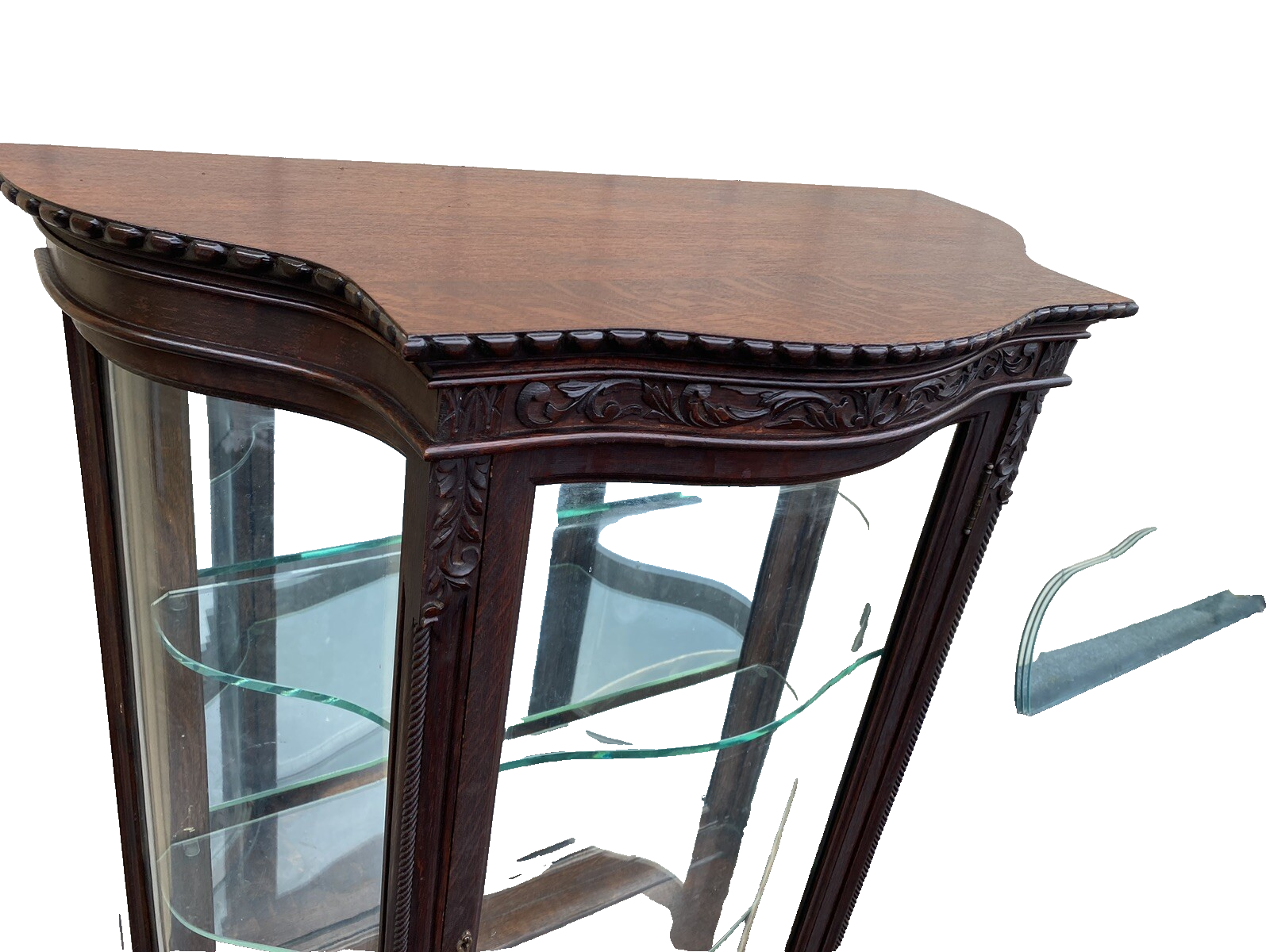 66107   Antique Victorian Oak Serpentine Curio China Cabinet