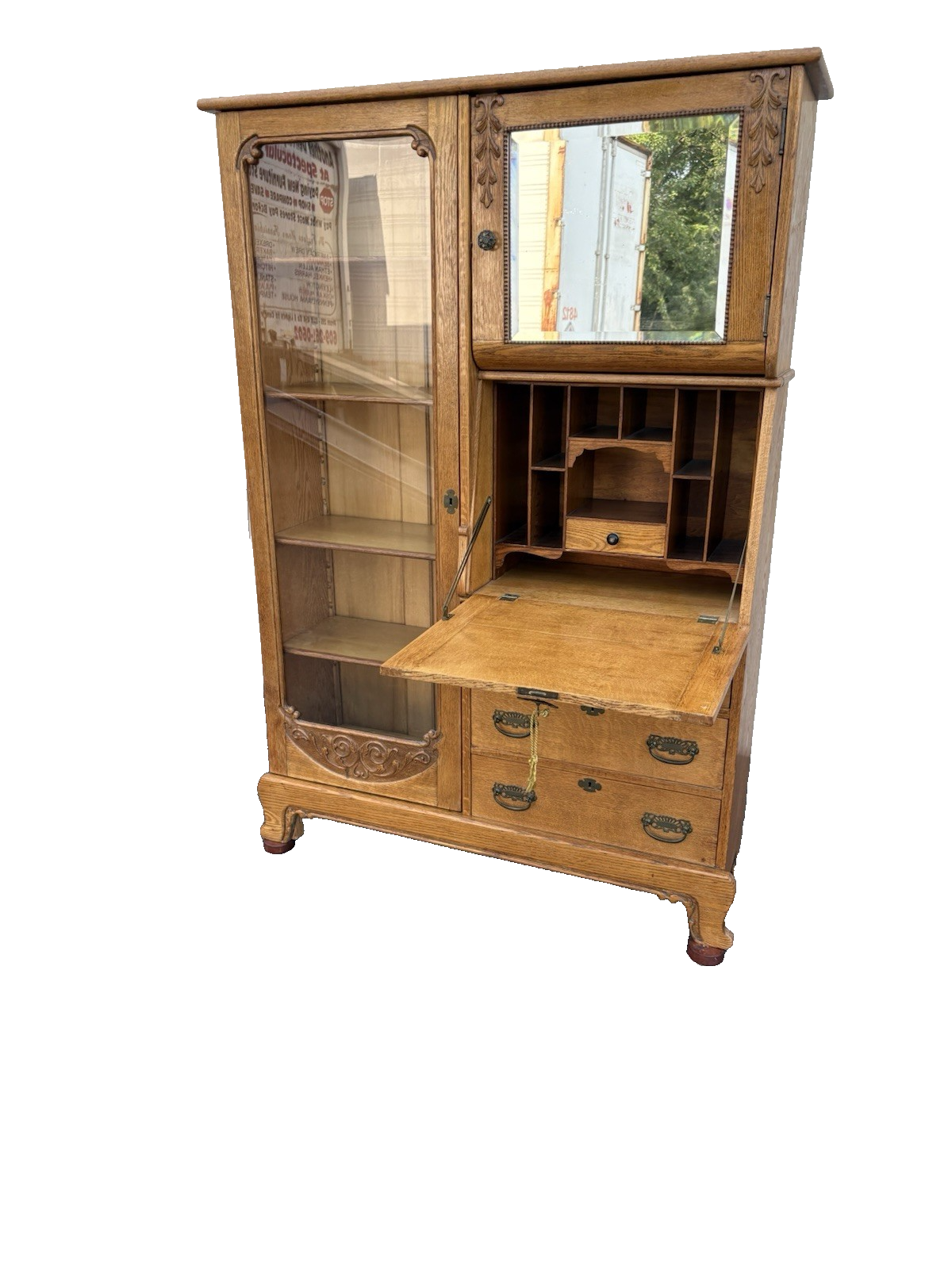 66904 Antique Victorian Oak Side By Side Bookcase Desk