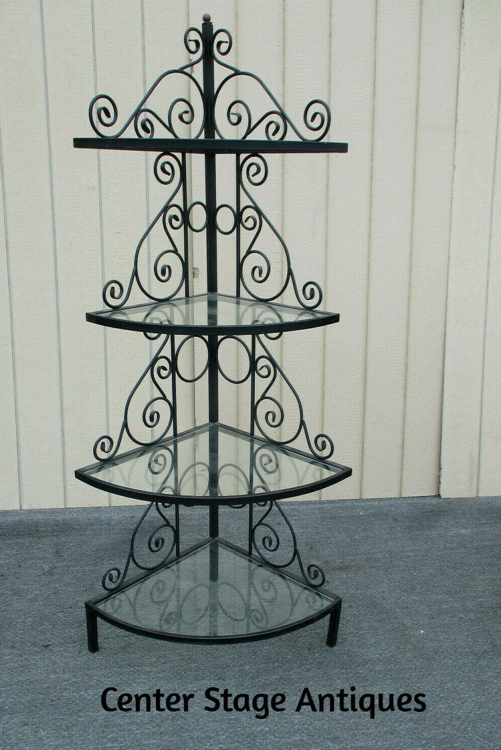 62802    QUALITY Iron Bakers Rack Corner Cabinet with Glass Shelves
