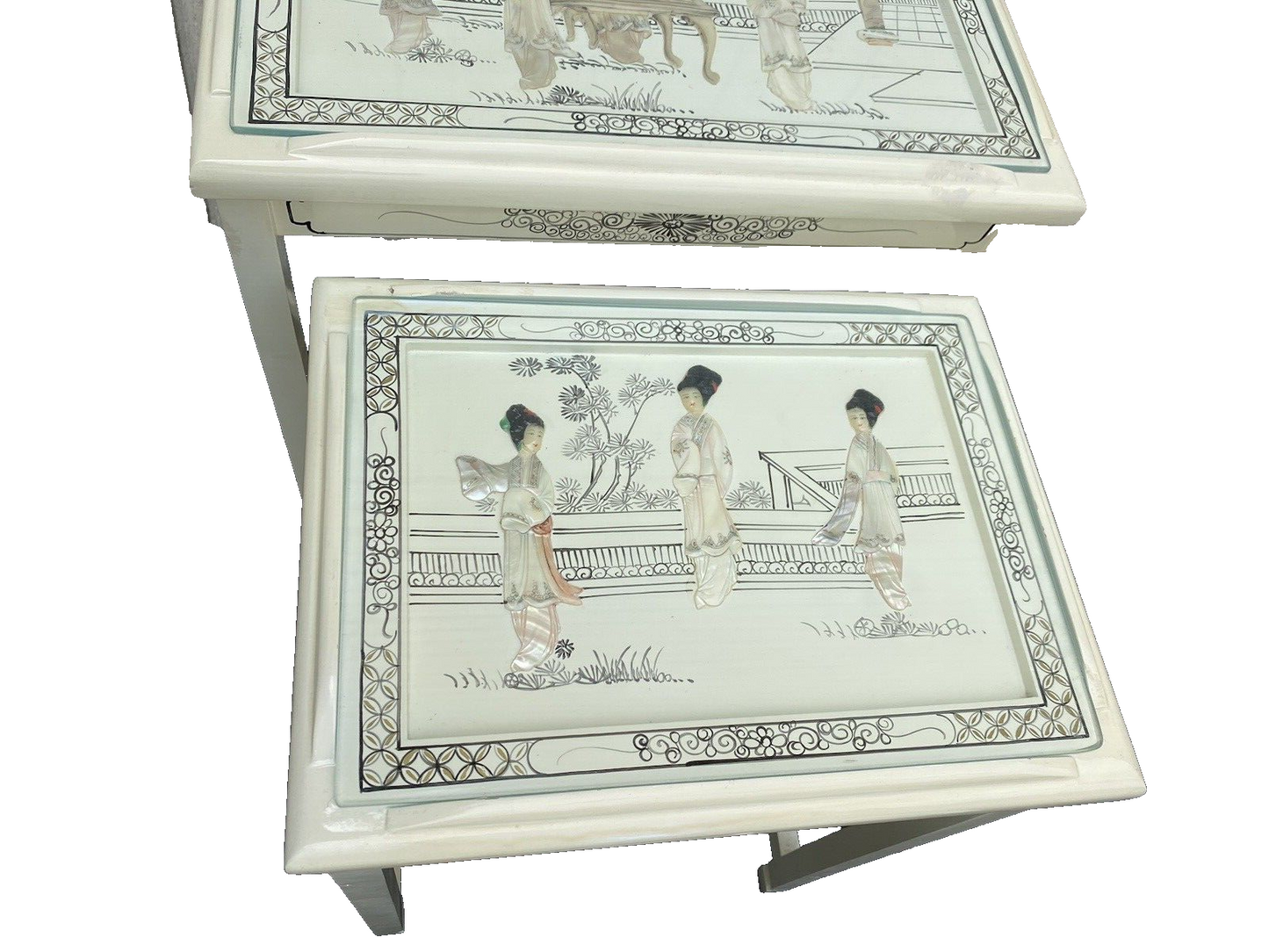 64597 Set Of 3 Oriental Decorated Nesting Stacking Tables