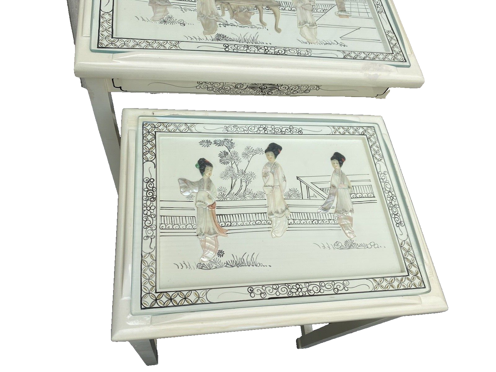 64597 Set Of 3 Oriental Decorated Nesting Stacking Tables