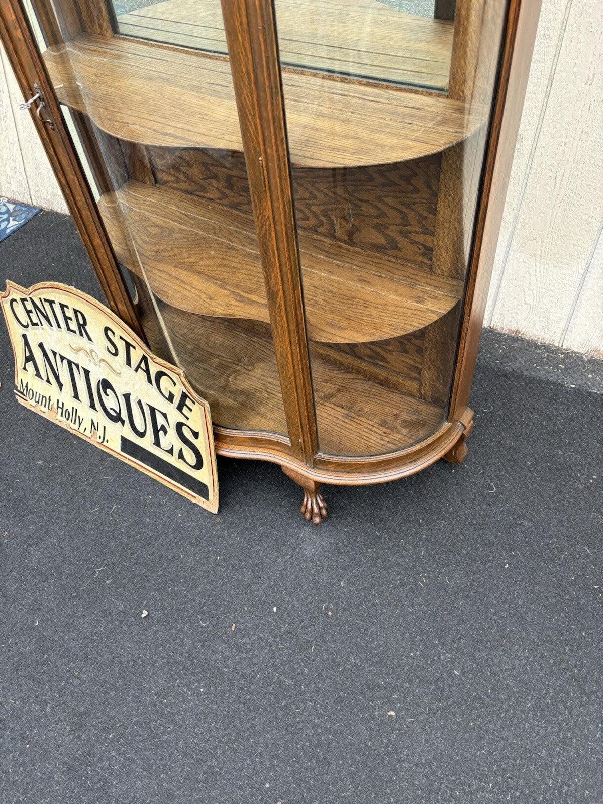 66717 Antique Victorian Oak Bow Glass Curio Cabinet + Serpentine Glass Door