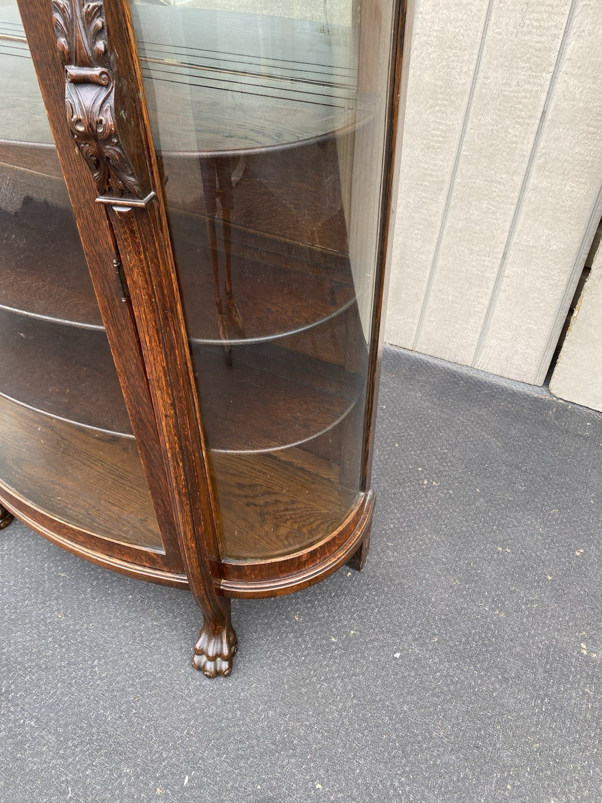 63537 Antique Victorian Oak Hand Carved Bow Glass Lion Head Curio China Cabinet