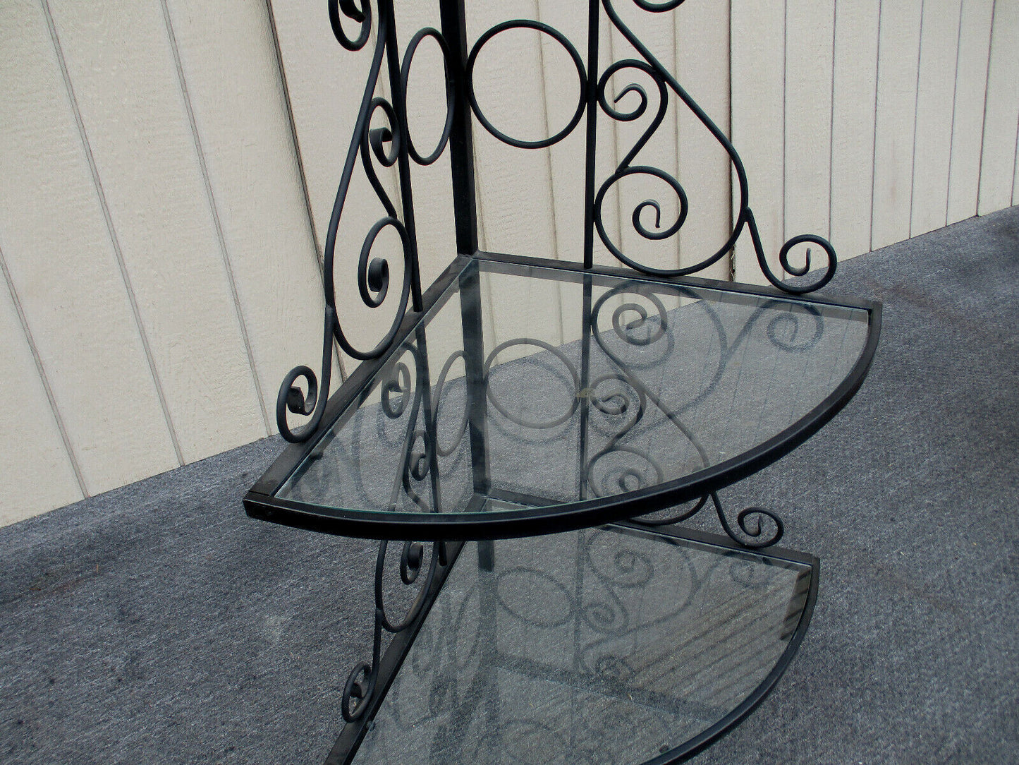 62802    QUALITY Iron Bakers Rack Corner Cabinet with Glass Shelves