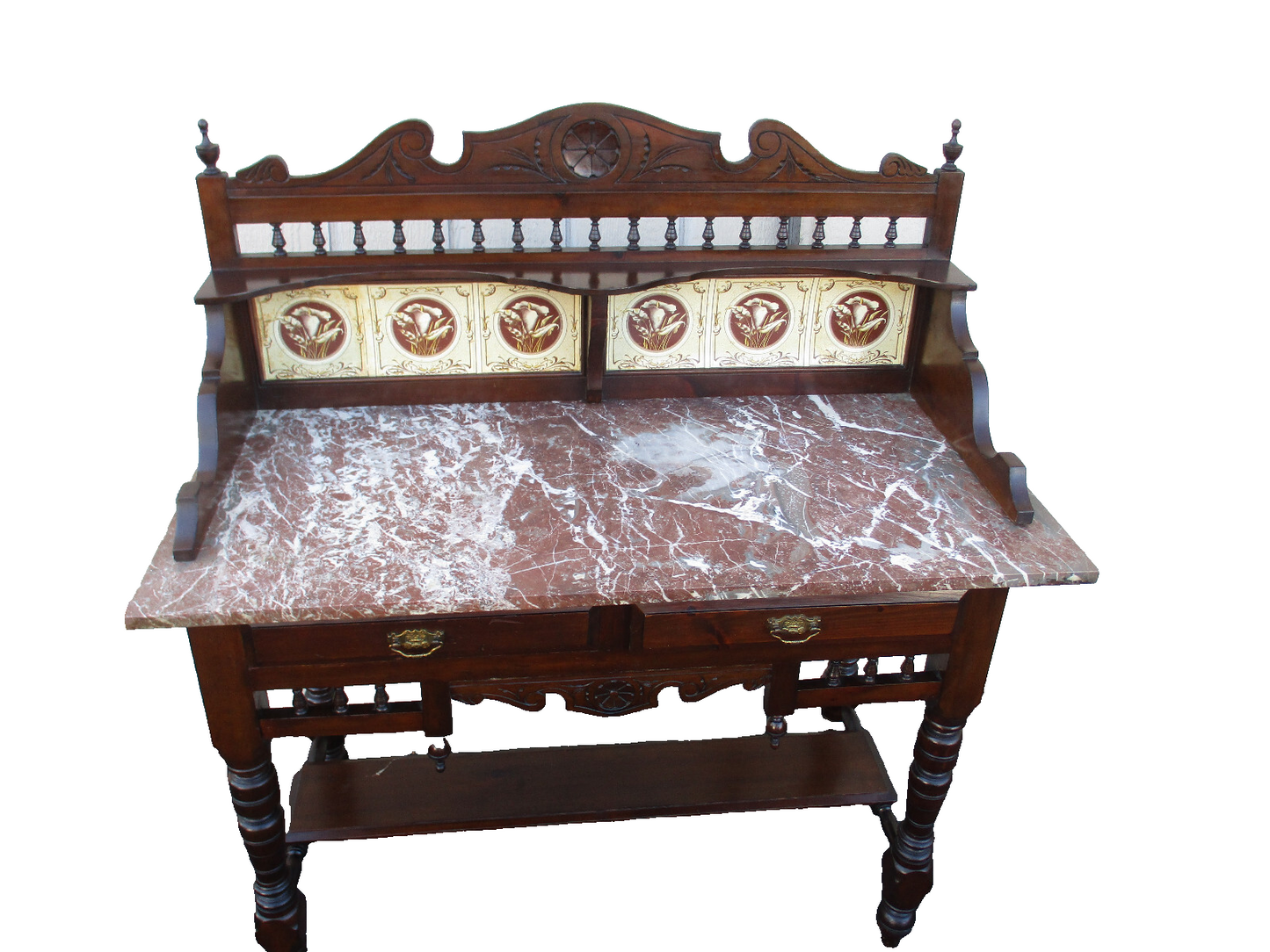 64037  Antique Victorian Marble Top Tile Back Washstand Chest Dresser