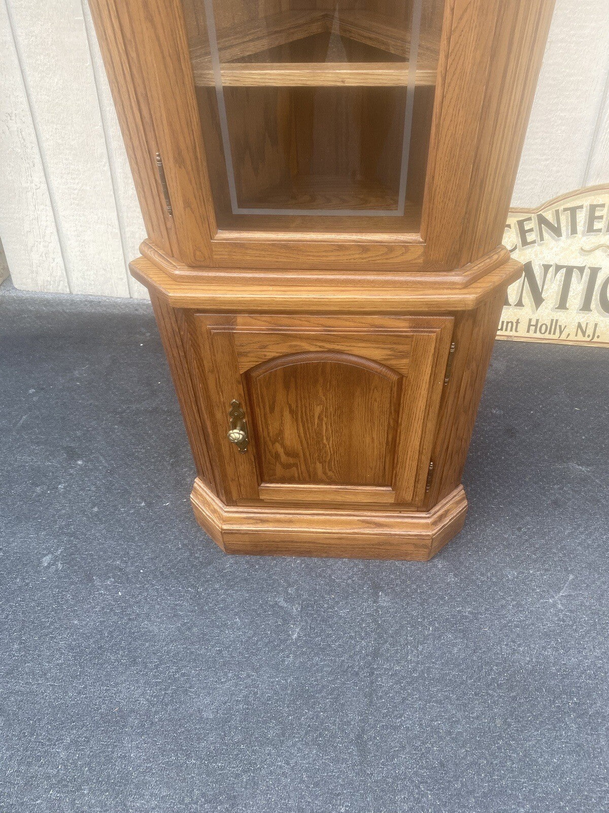 64573 PAIR   Oak Corner Cabinet Curio s With 3 wood and glass shelves each
