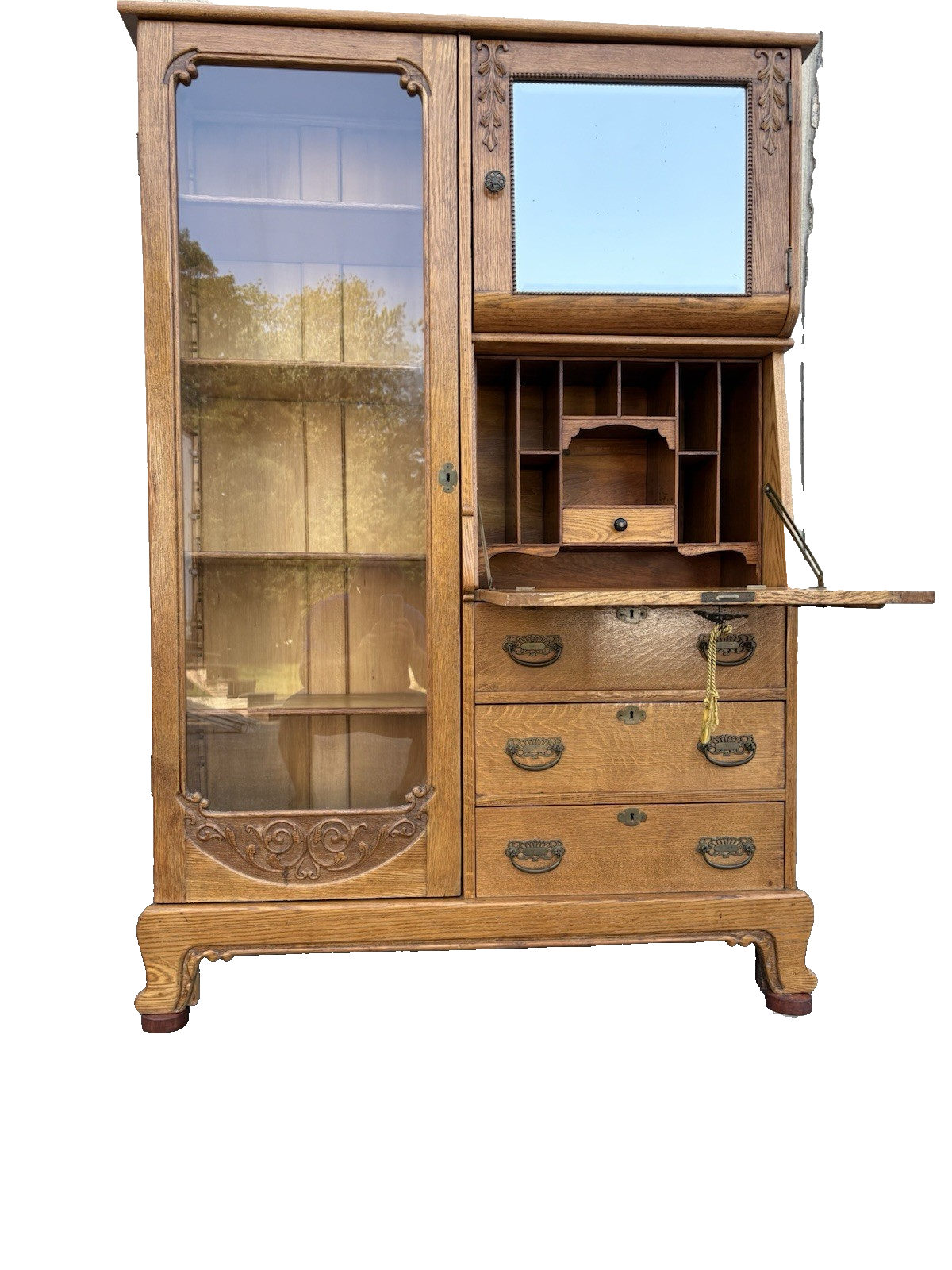 66904   Antique Victorian Oak Side By Side Bookcase Desk