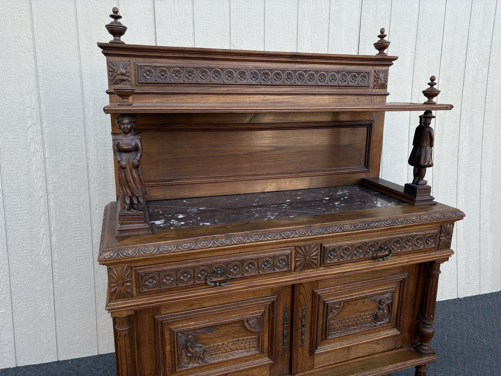 67011 Antique French Marble Top Buffet Sideboard Cabinet