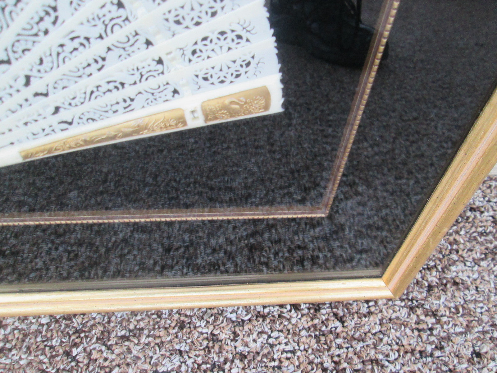 COL CW:    Decorative Celluloid Pierced Carved Fan in Frame