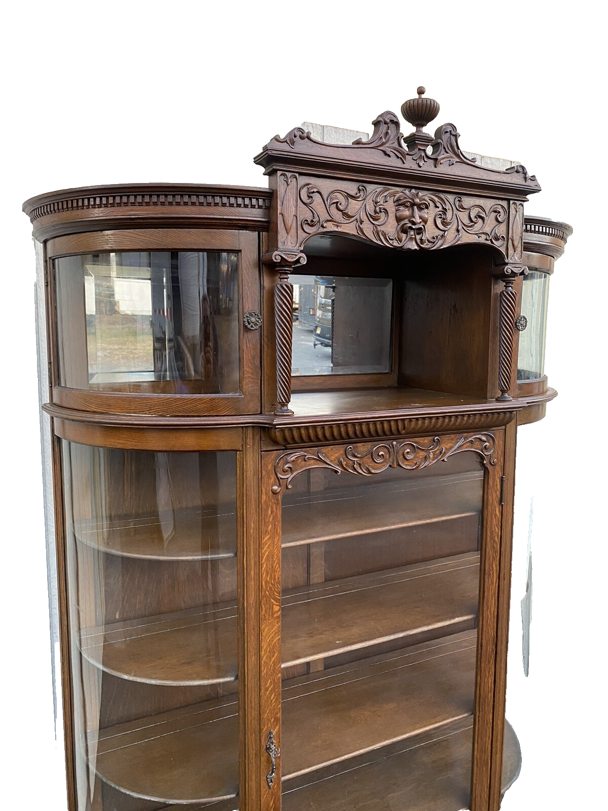 66071   Antique Victorian Hand Carved Oak Bow Glass Curio Cabinet