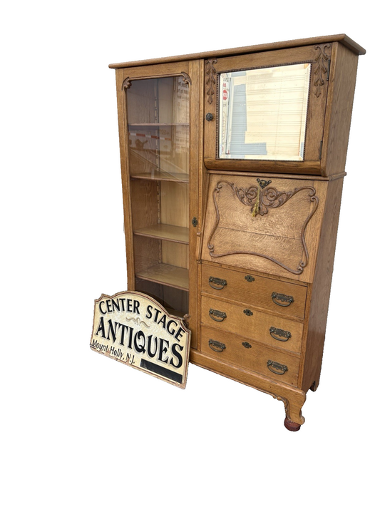 66904   Antique Victorian Oak Side By Side Bookcase Desk