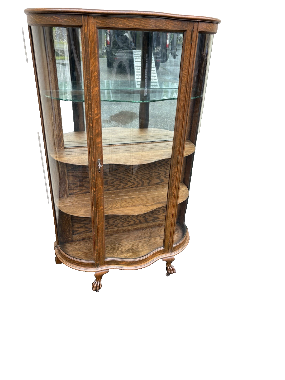 66717 Antique Victorian Oak Bow Glass Curio Cabinet + Serpentine Glass Door