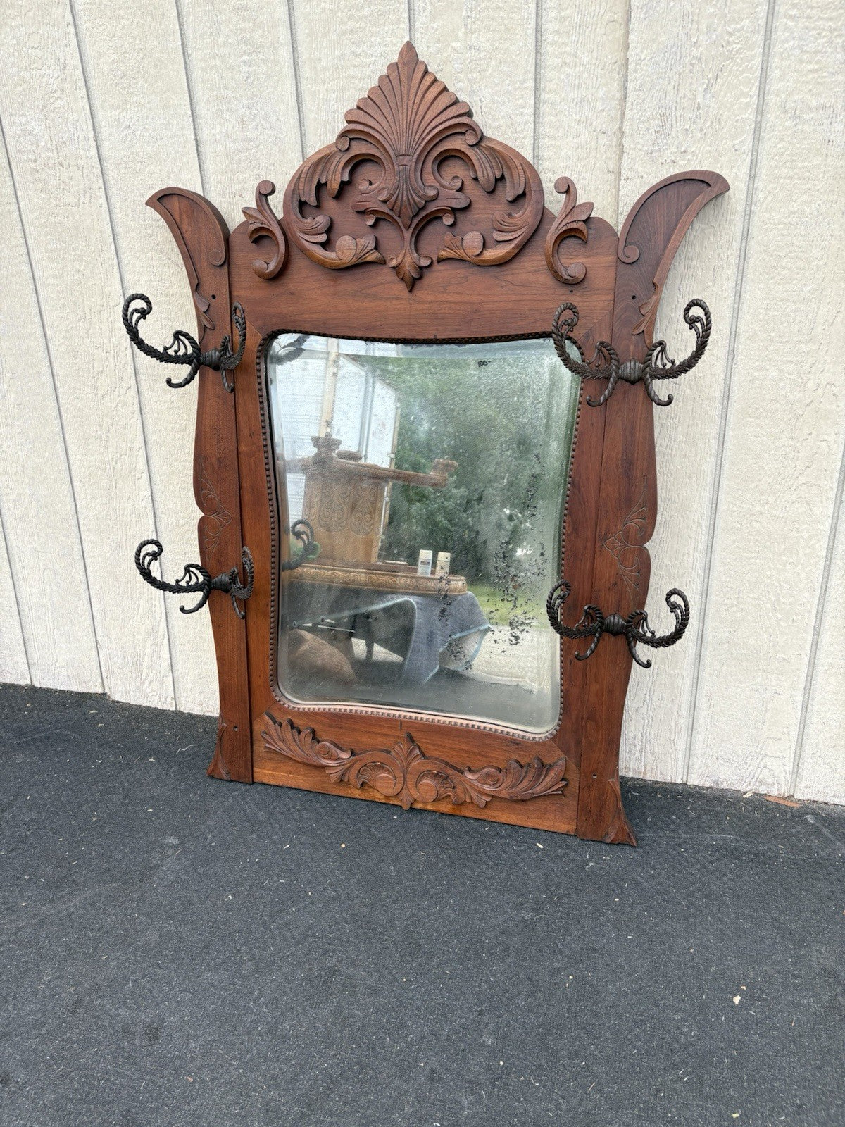 66724 Antique Victorain Mirror with 4 Hooks to hang coats hats Hatrack Coattree