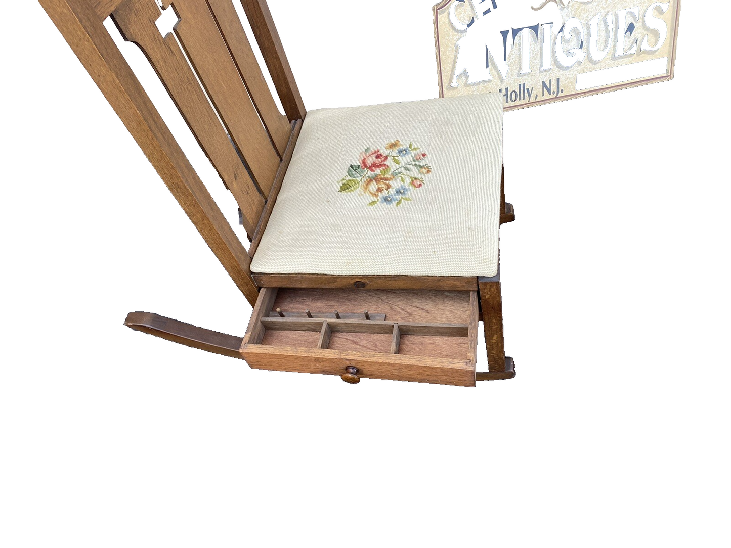 64507 Mission Oak Rocking Rocker Chair w/ Sewing Drawer + Needlepoint seat