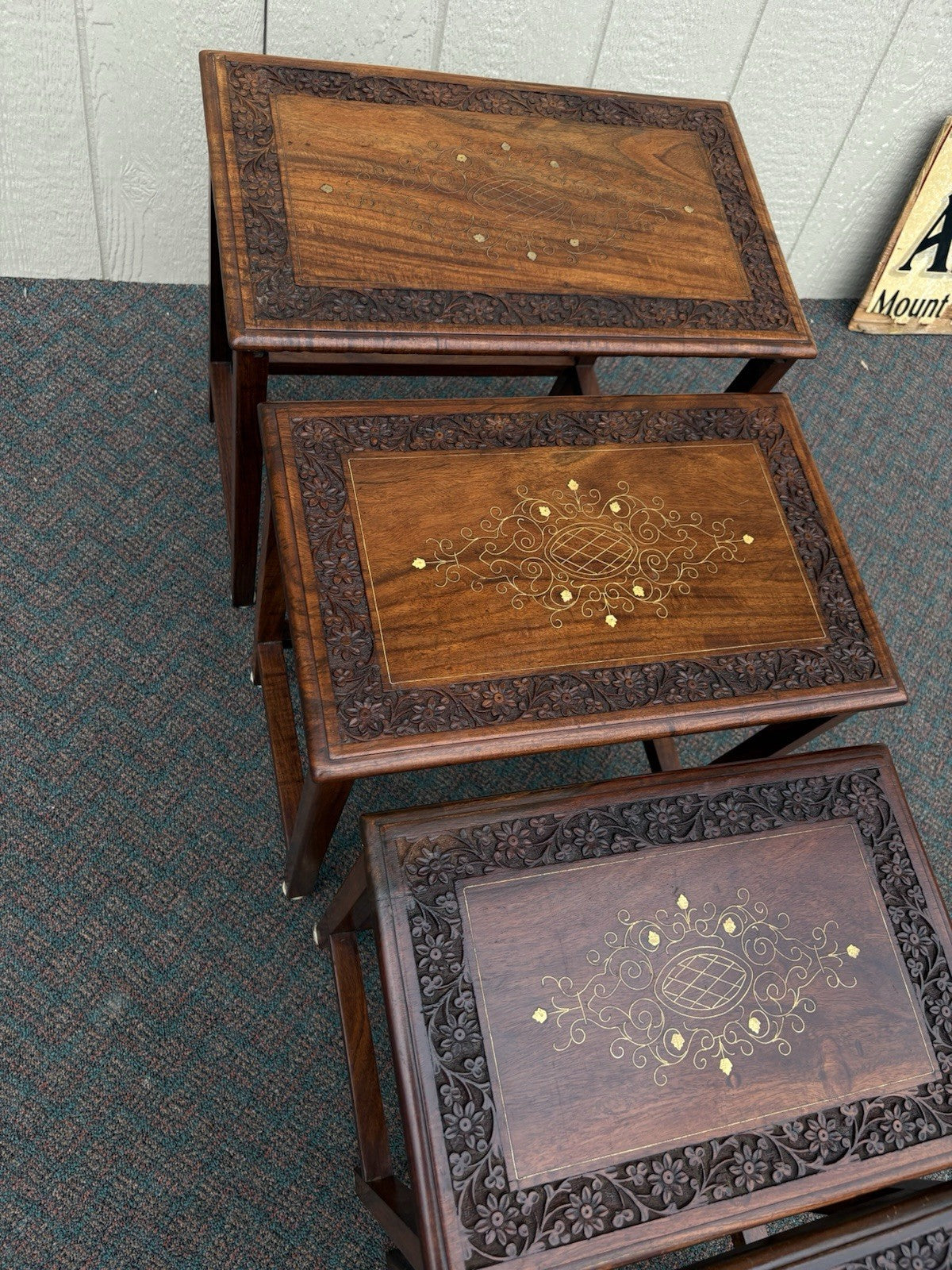 67039 Solid Mahogany Brass Inlaid Set of 4 Oriental Stacking Lamp  Table s