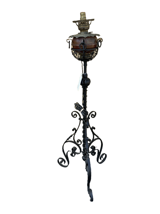 65482  Antique Victorian Piano Lamp Fancy Wrought Iron Base