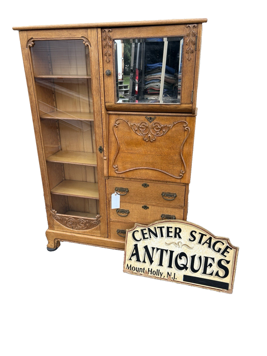 66904   Antique Victorian Oak Side By Side Bookcase Desk