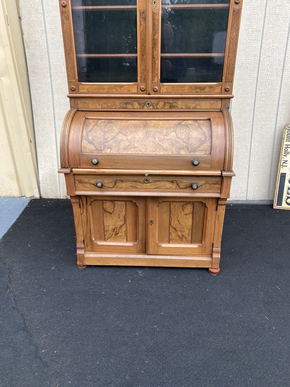 65390 Antique Victorian Burled Walnut Cylinder Desk w/ Bookcase Top and keys