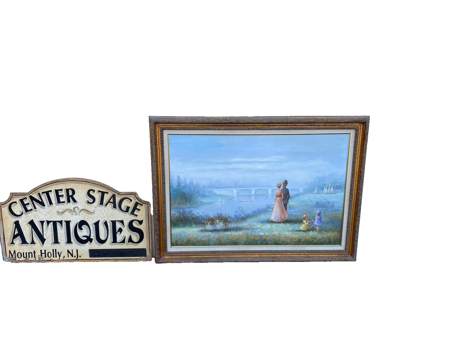 66563 Oil Painting of Lake and Bridge on Canvass Picture Signed S SELL DON