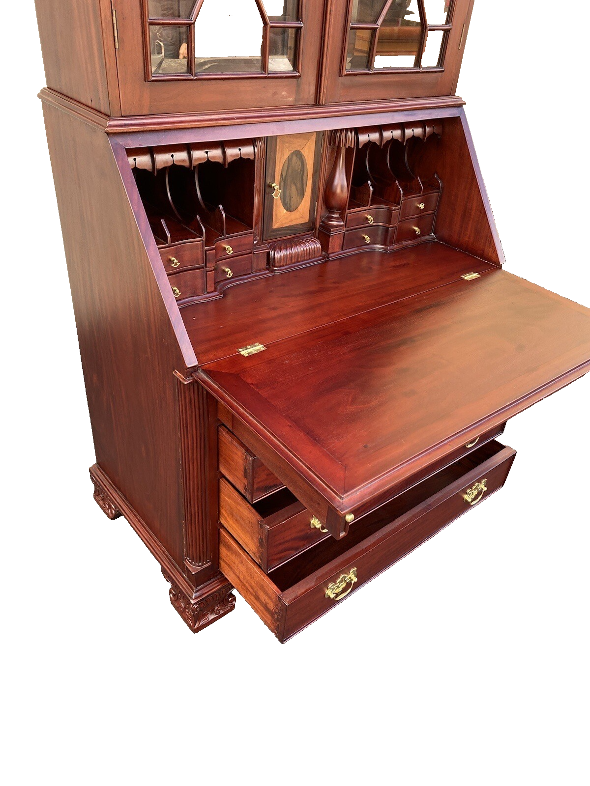 64897    Solid Mahogany 2 Piece Chippendale Secretary Desk w/ 2 Secret Drawers