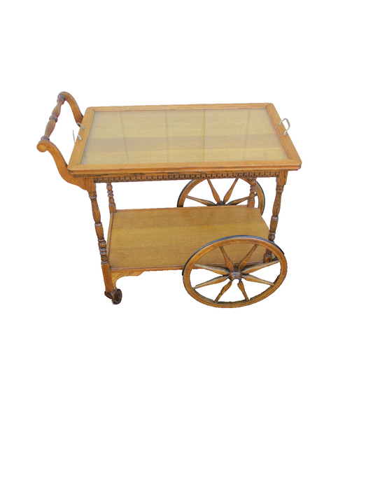 63826 Antique Oak Tea Cart Bar Cart Server w / Removable Tray