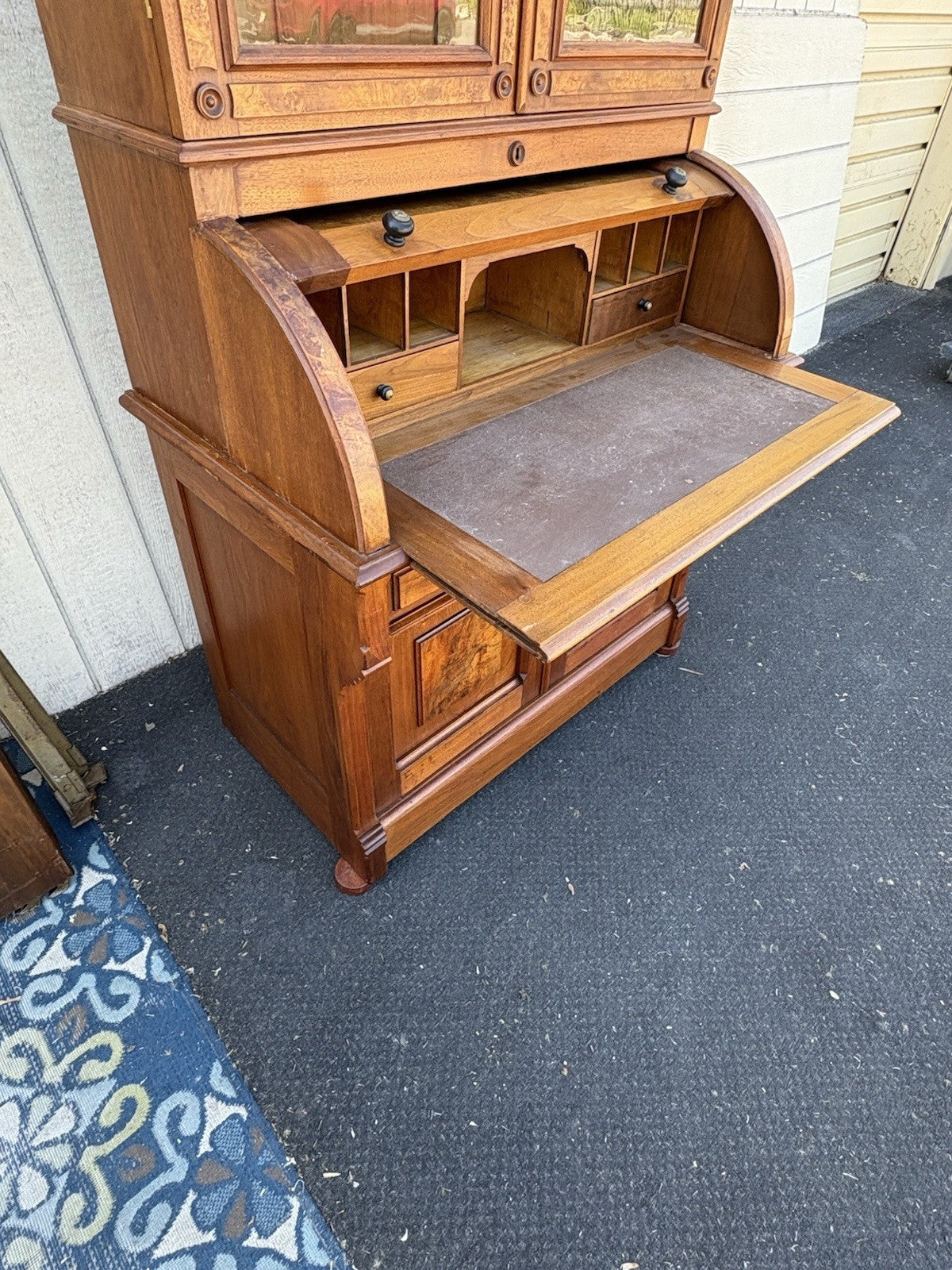 66644 Antique Victorian Walnut Cylinder Desk with Bookcase Top