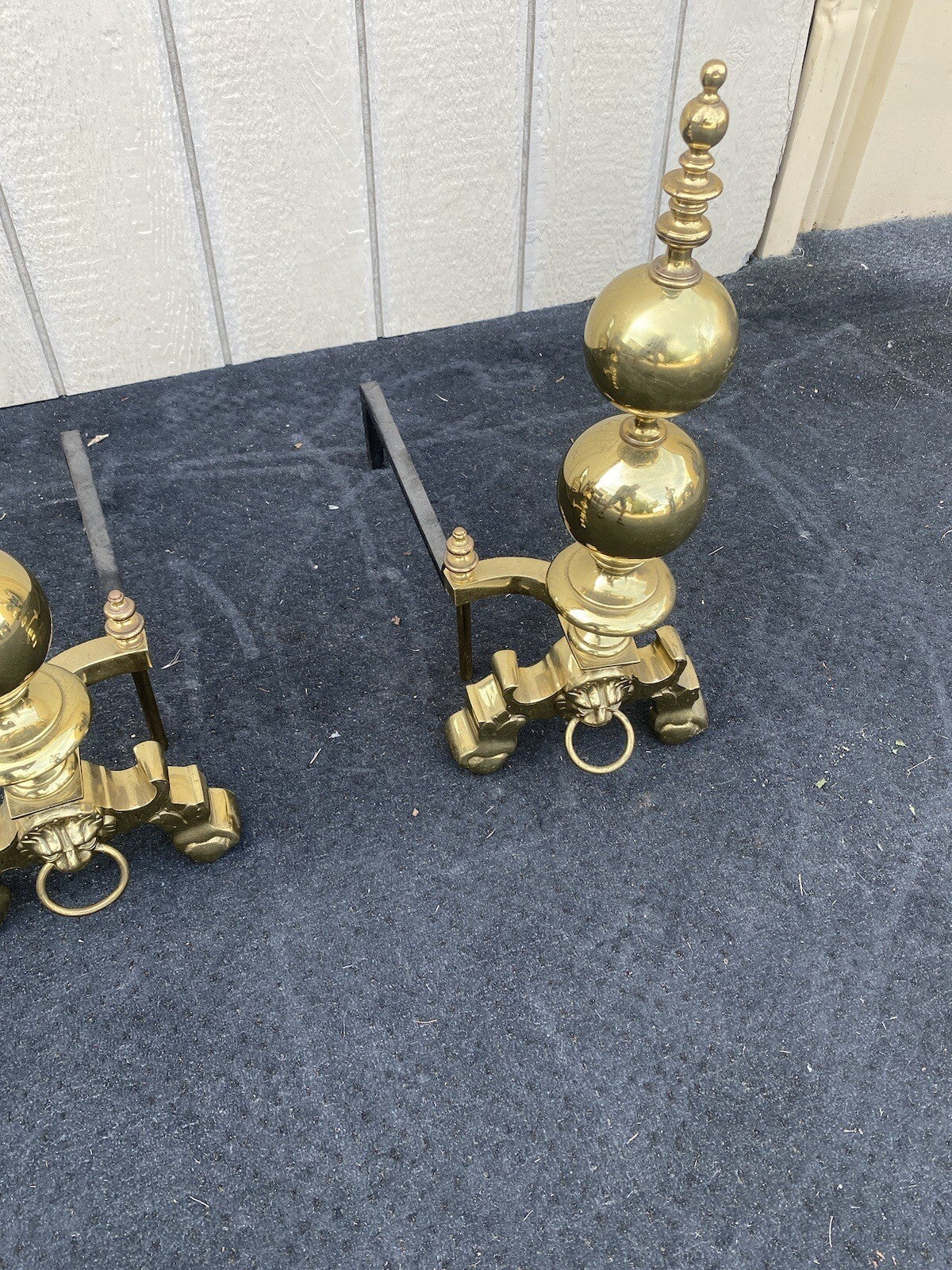 64828 Pair Heavy Polished Brass Fireplace Lion Face Fireplace Mantel Andirons
