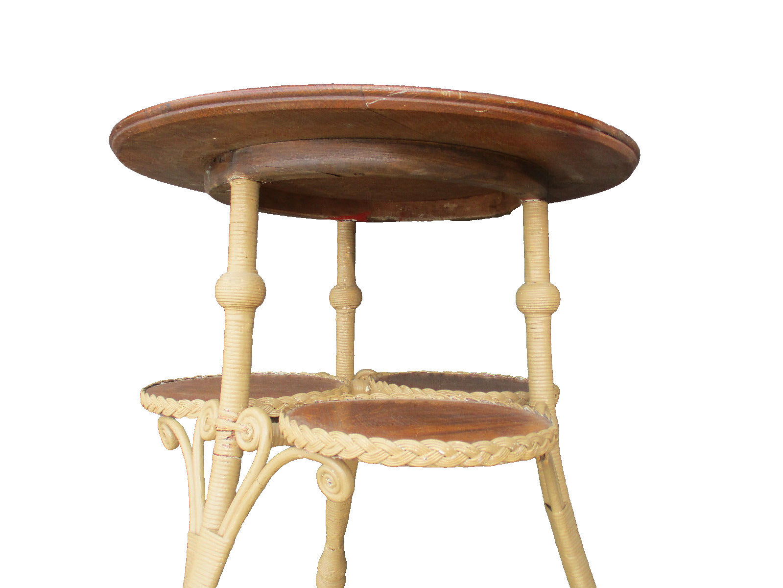 64404  Antique Victorian Oak and Wicker Lamp Table Stand HEYWOOD WAKEFIELD ???