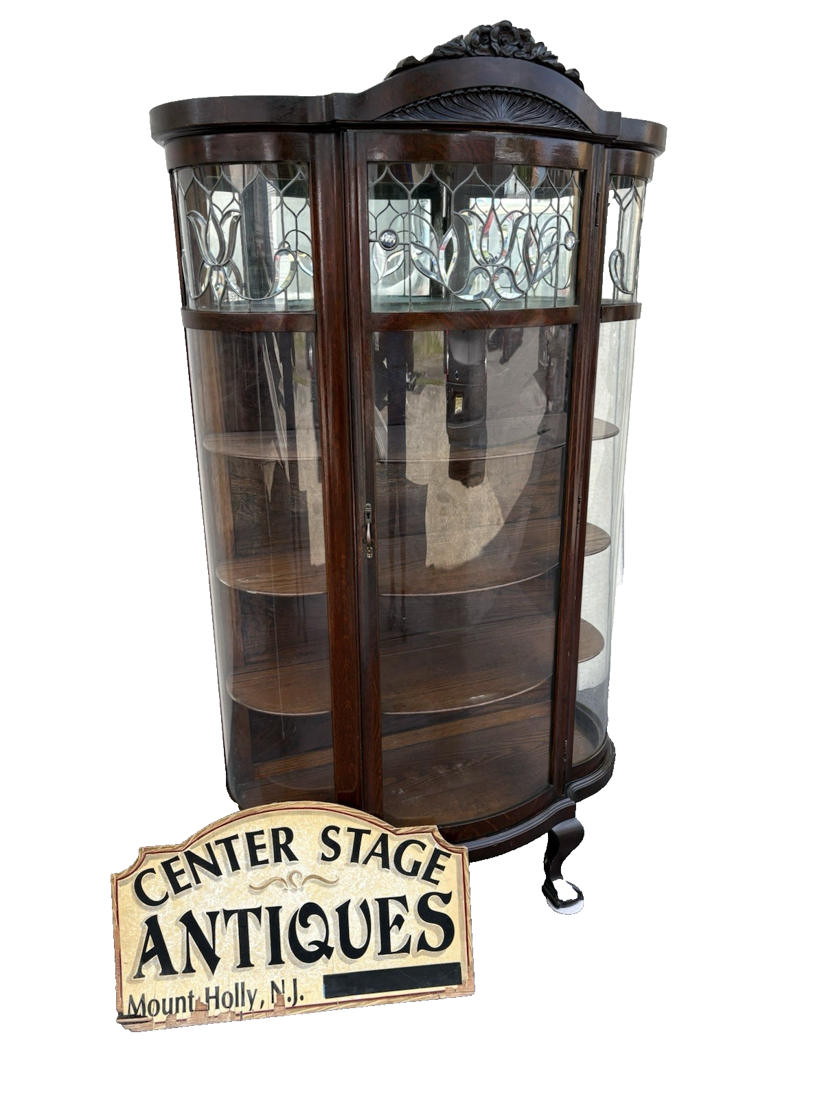 66903   Antique Victorian Oak Leaded Glass Bow Glass Curio China Cabinet