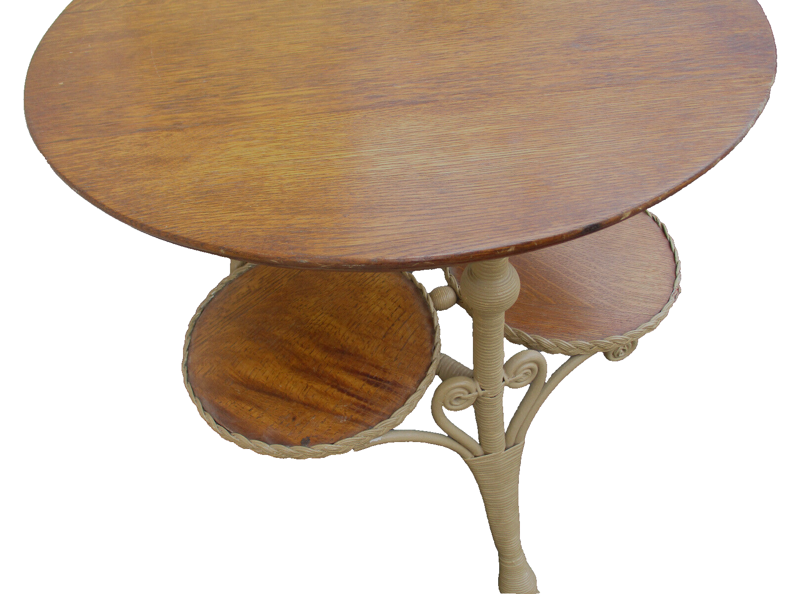 64404  Antique Victorian Oak and Wicker Lamp Table Stand HEYWOOD WAKEFIELD ???