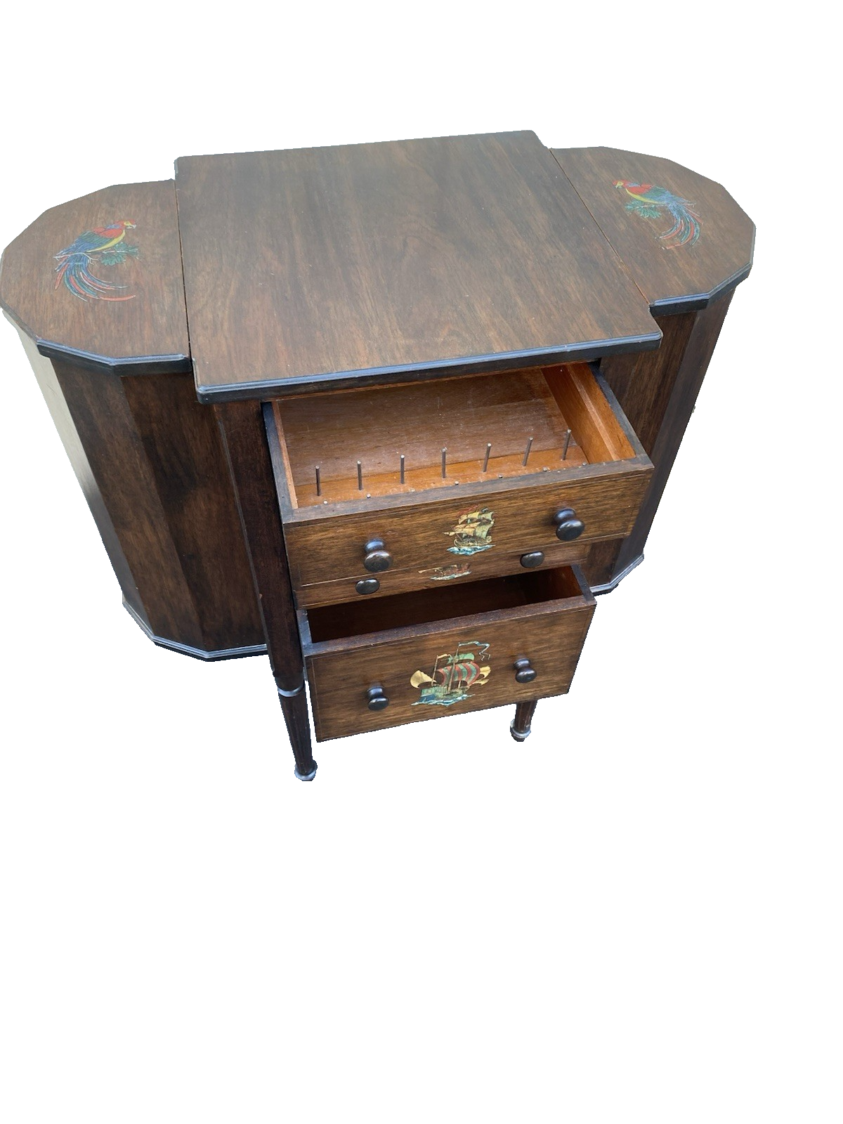 66476 Antique Mahogany Sewing Stand Hand Painted Parrot and Ship Designs