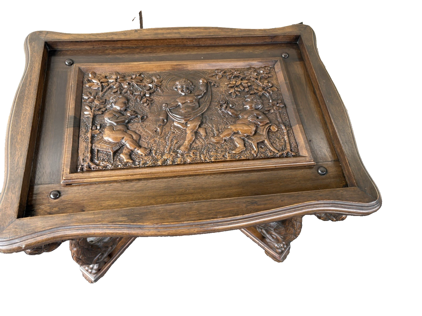 66801    RARE Custom  Made  Antique Figural CHERUB Tray Top Coffee Table Stand