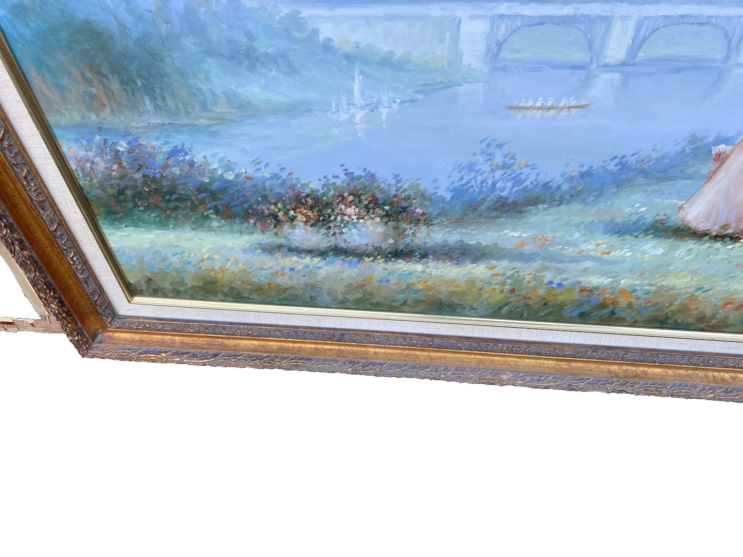 66053  Oil Painting of Lake and Bridge on Canvass  Picture Signed  S SELL DON