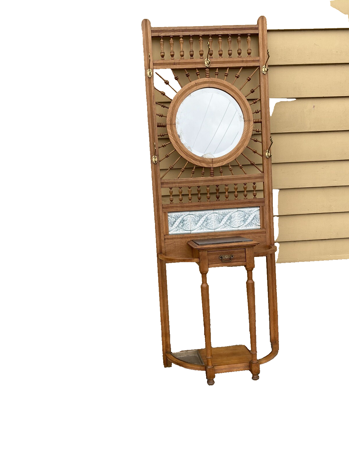 64527 Antique Victorian Oak Stick and Ball Hatrack Hall Seat with Mirror