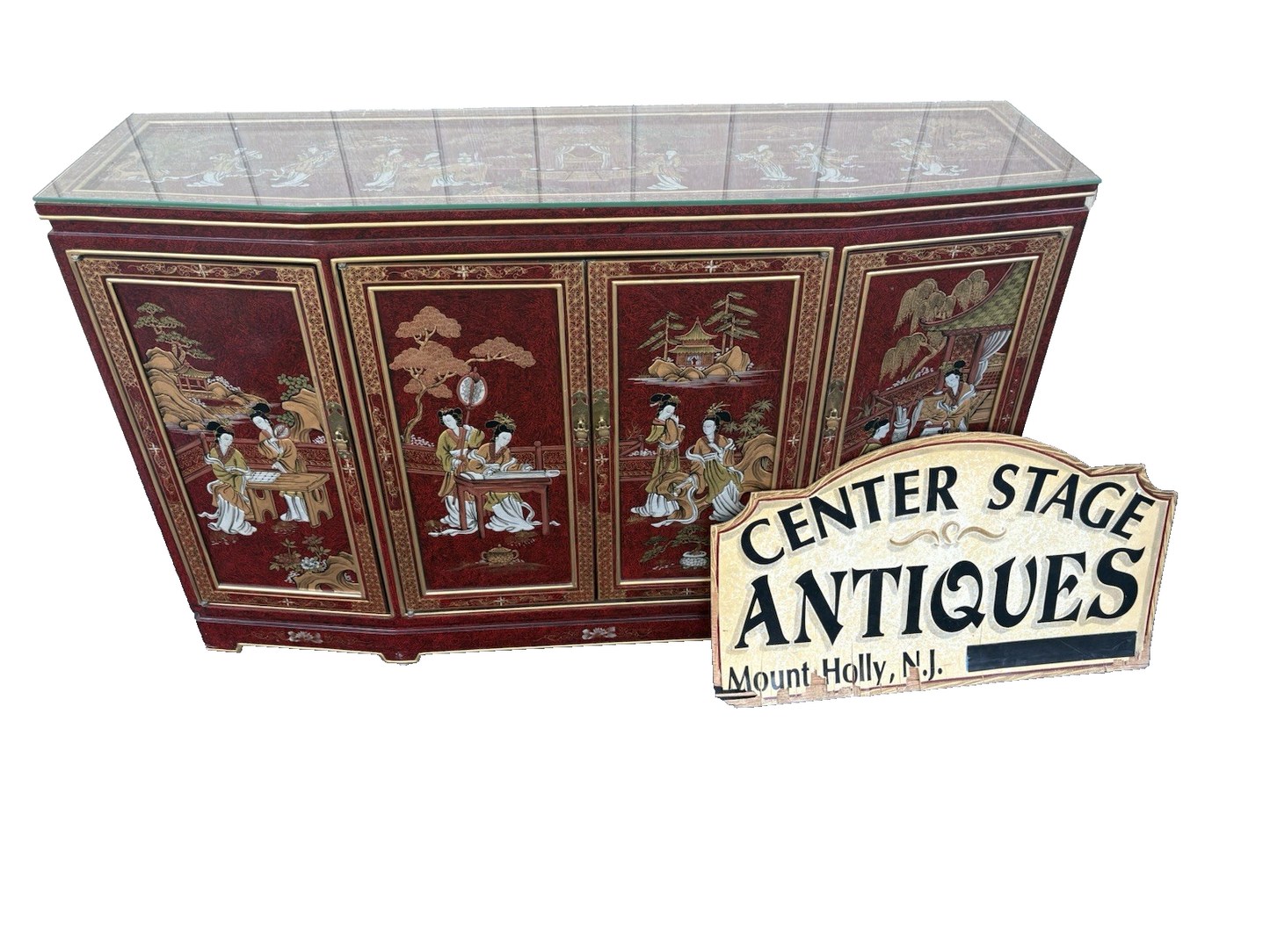 66700  Oriental Sideboard Server Cabinet with a Plate Glass Top and 4 doors