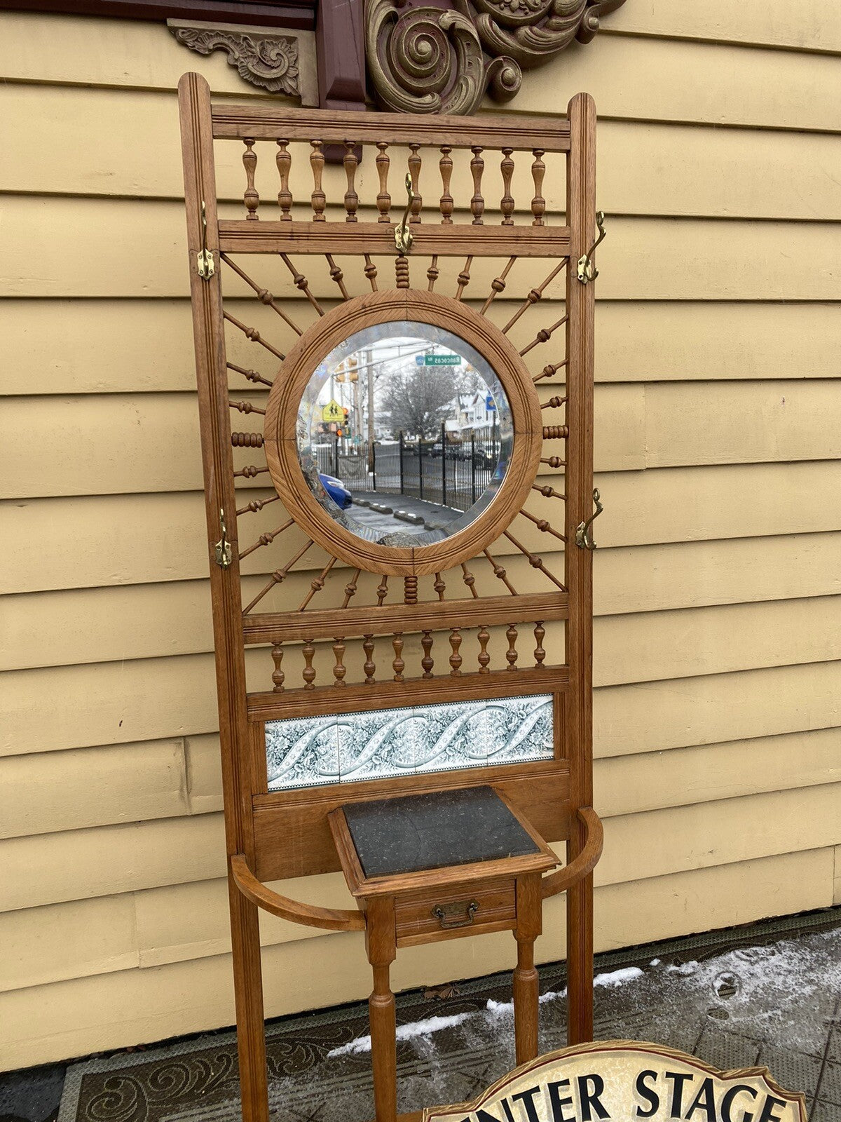 64527 Antique Victorian Oak Stick and Ball Hatrack Hall Seat with Mirror