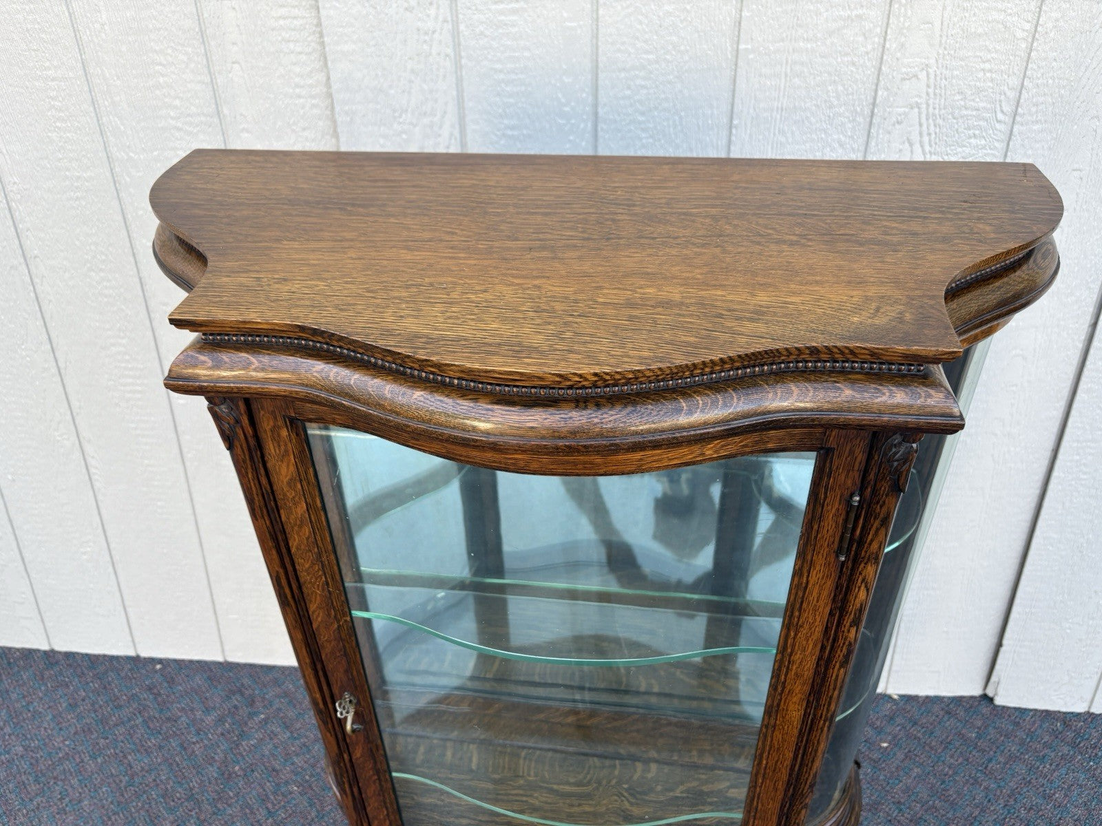 67008 Antique Victorian Oak Serpentine Glass Curio China Cabinet