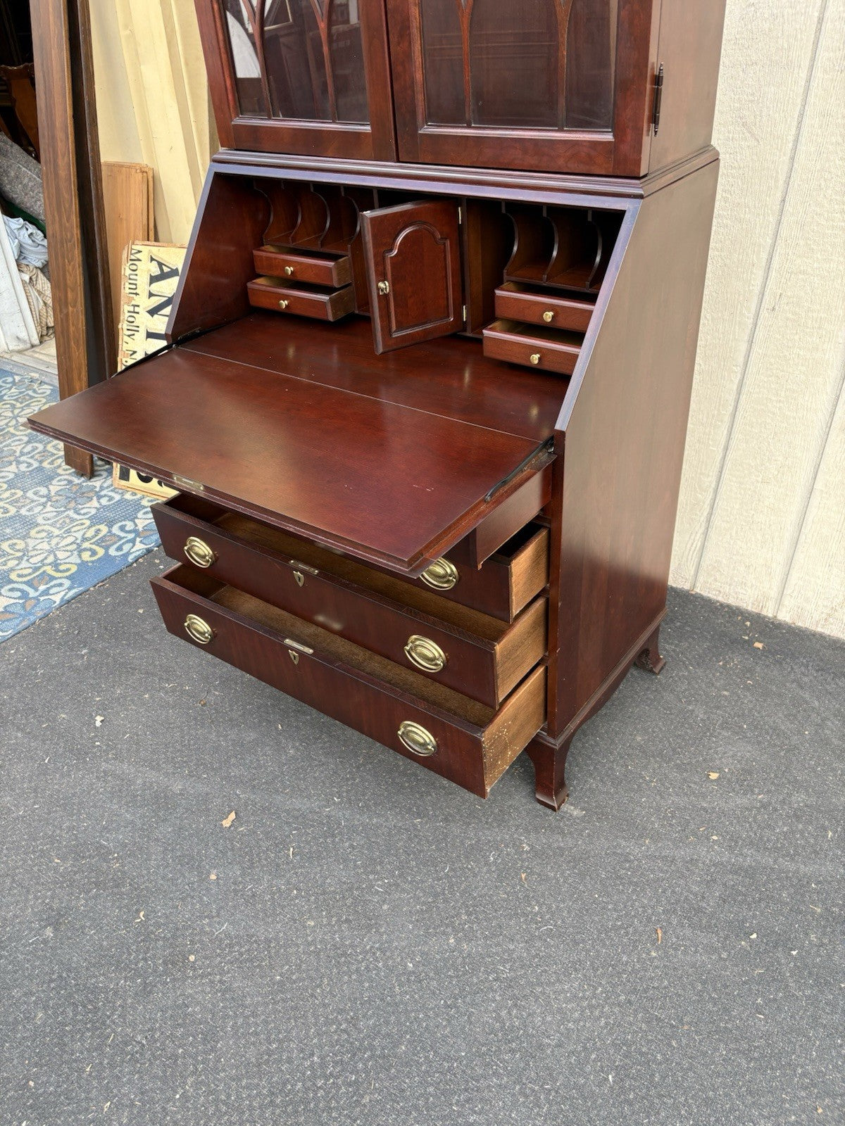 66641   Inlaid Mahogany Jasper Furniture Secretary Desk w/ Bookcase Top