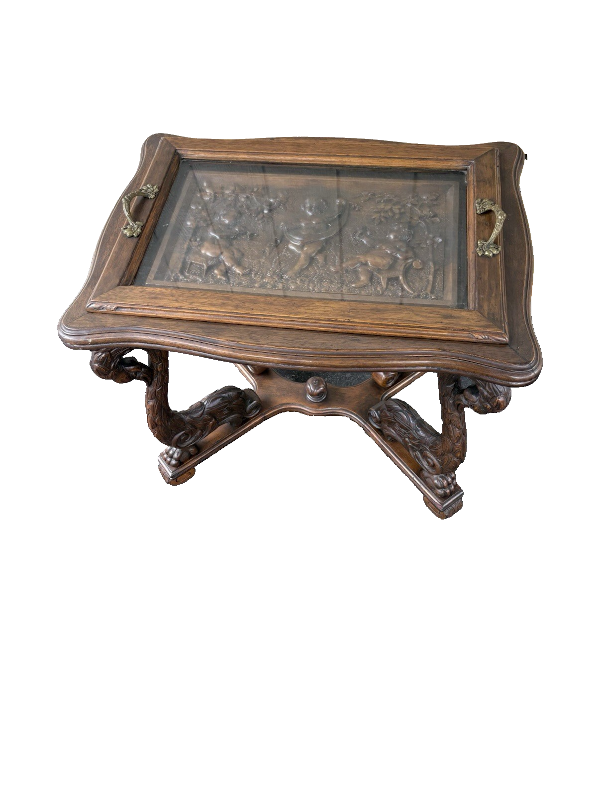 66801    RARE Custom  Made  Antique Figural CHERUB Tray Top Coffee Table Stand